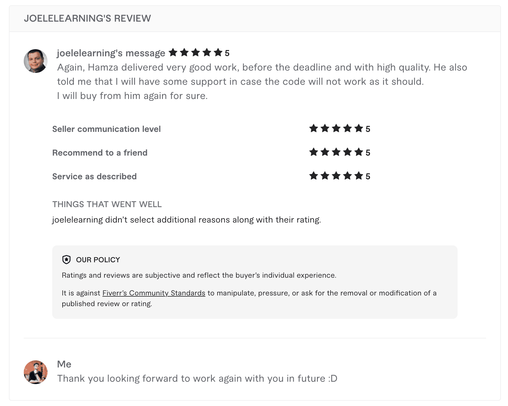 joelelearning's Fiverr review