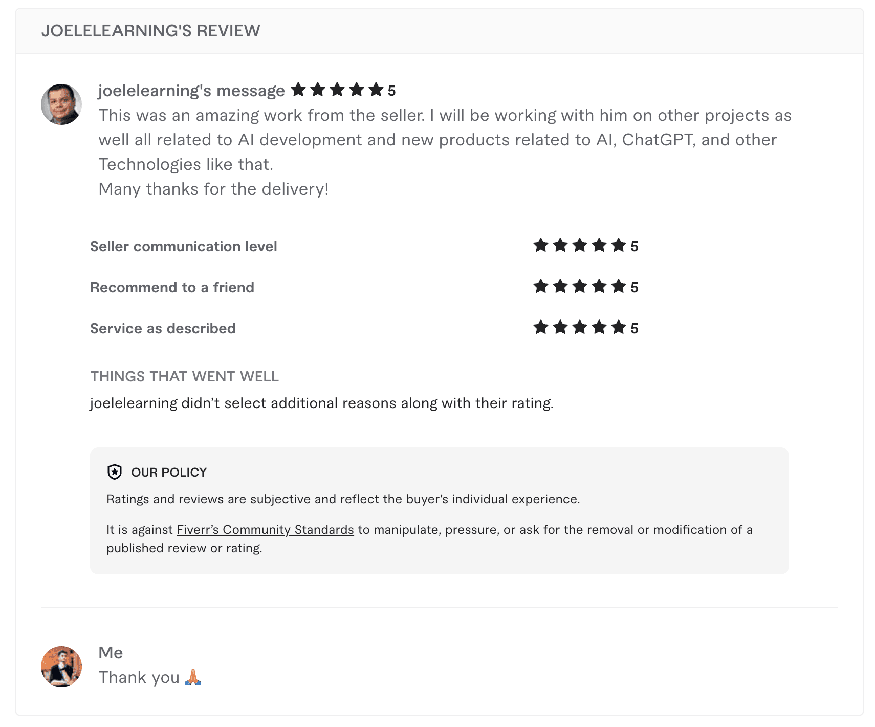 joelelearning's Fiverr review